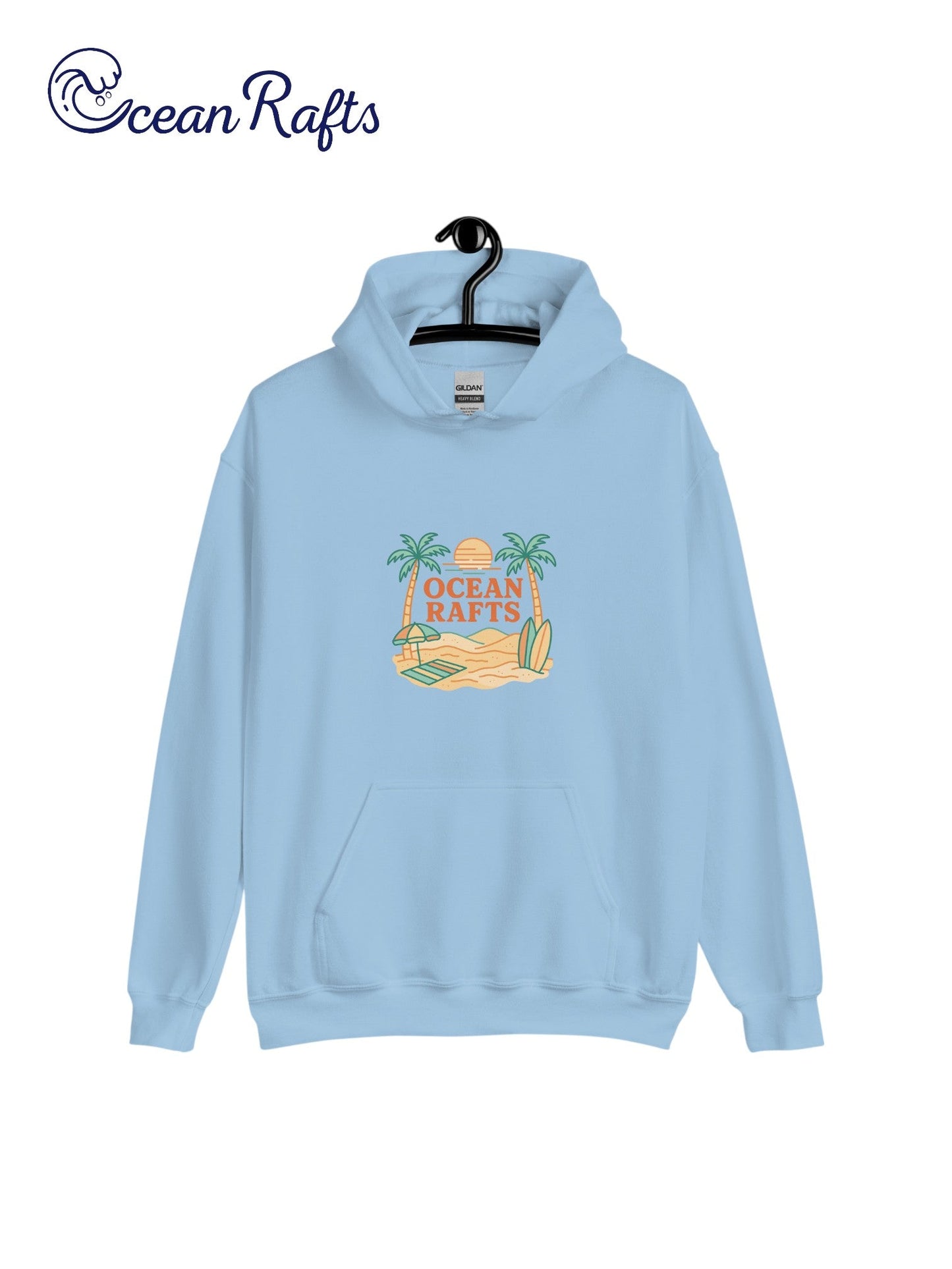Palm Season Hoodie - Ocean Rafts - AU & NZ - blue teal hoodie with beach scene with two palm trees, surfboards and sunset