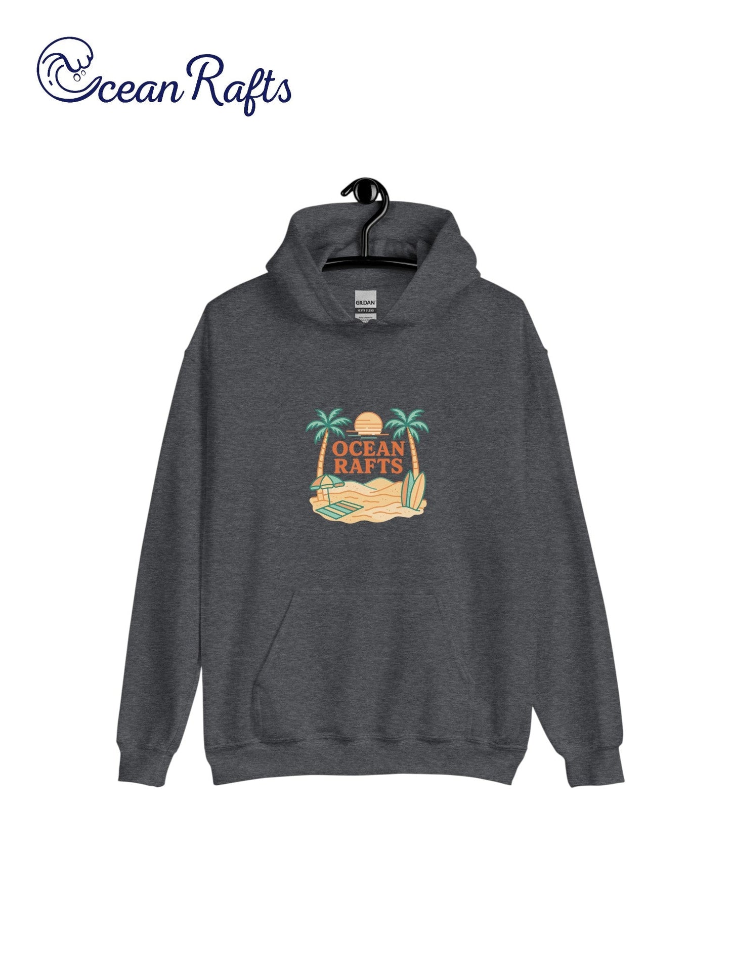 Palm Season Hoodie - Ocean Rafts - AU & NZ - dark grey hoodie with beach scene with two palm trees, surfboards and sunset