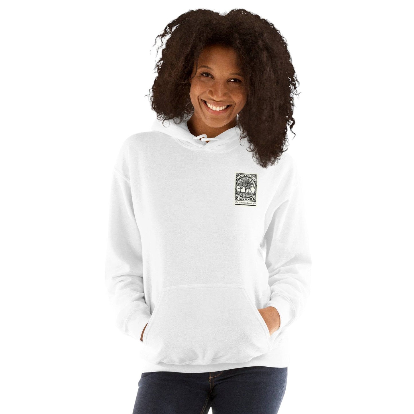 Palm Tree Beach Hoodie - Ocean Rafts - AU & NZ - women wearing white hoodie postage stamp-style beach graphic