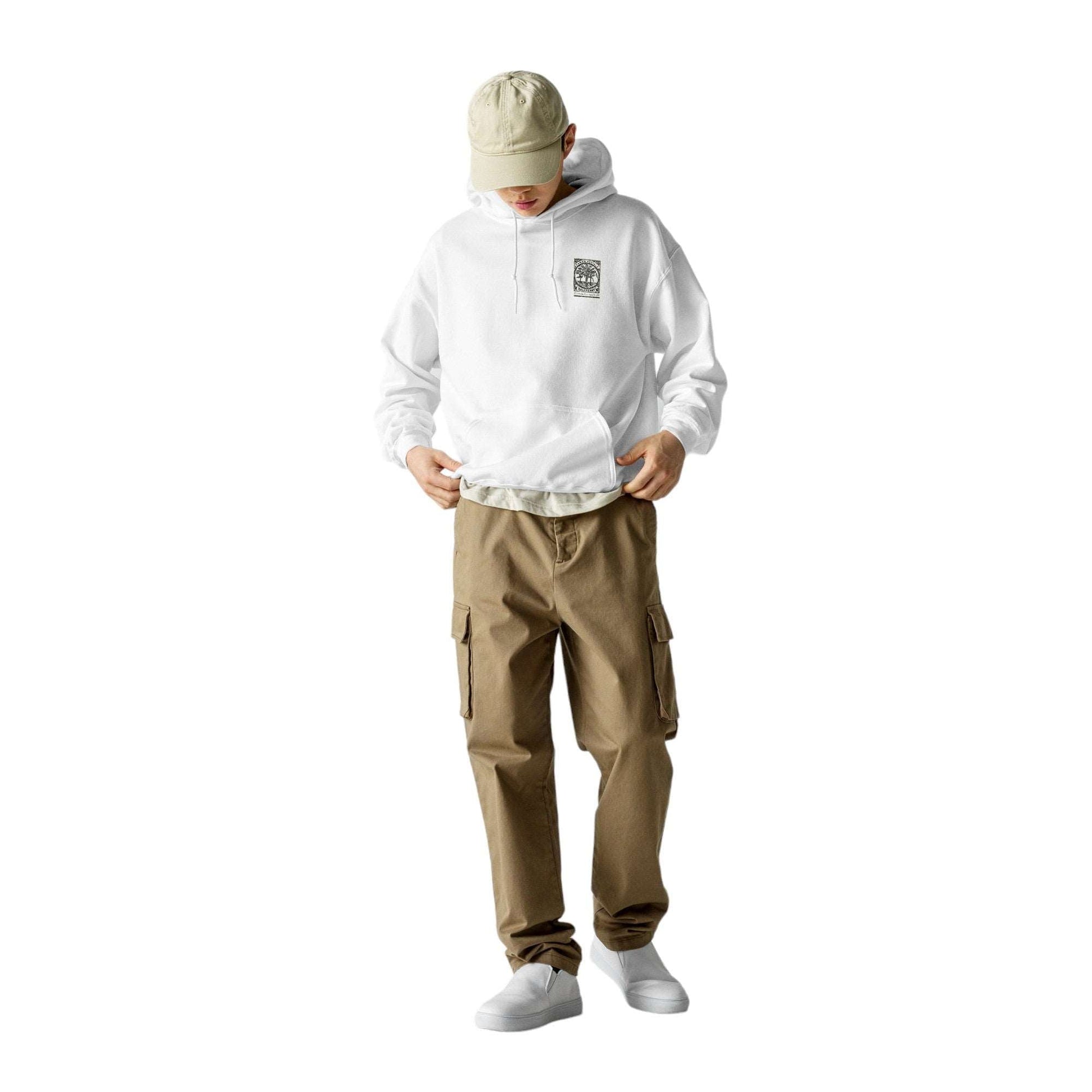 Palm Tree Beach Hoodie - Ocean Rafts - AU & NZ - man wearing white hoodie postage stamp-style beach graphic