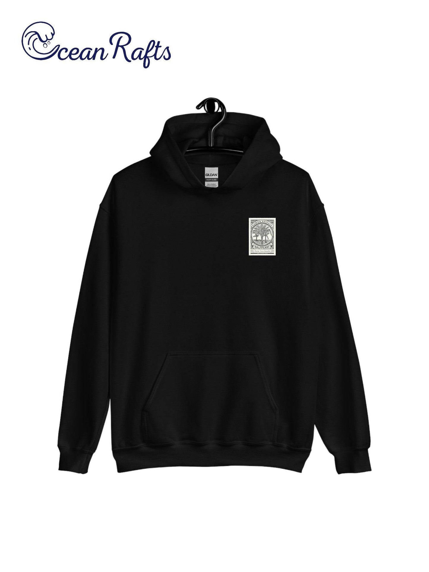 Palm Tree Beach Hoodie - Ocean Rafts - AU & NZ - black hoodie postage stamp-style beach graphic