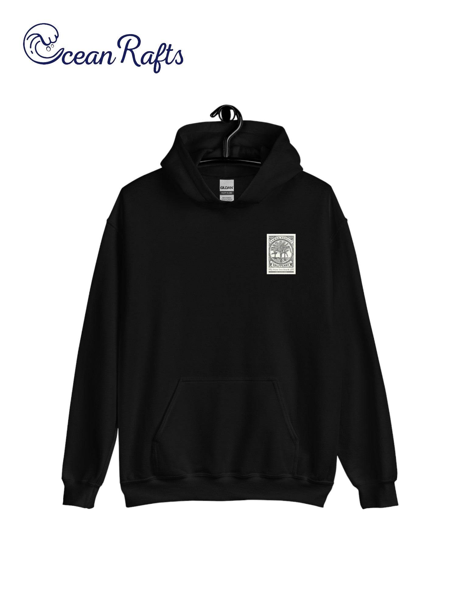 Palm Tree Beach Hoodie - Ocean Rafts - AU & NZ - black hoodie postage stamp-style beach graphic