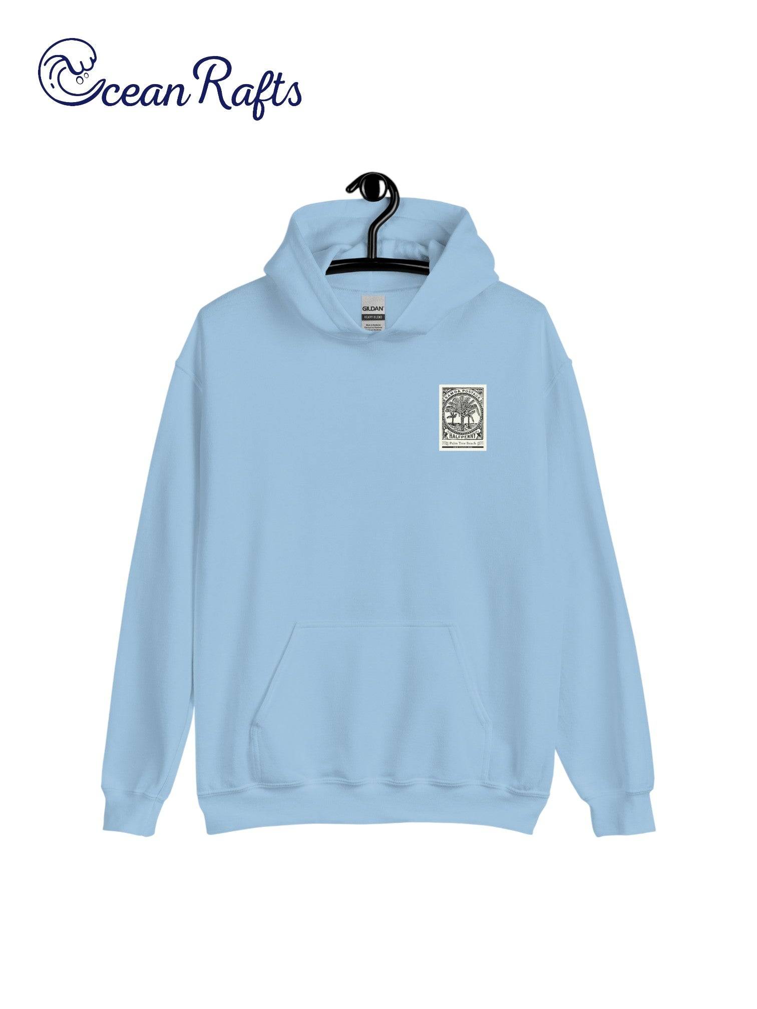 Palm Tree Beach Hoodie - Ocean Rafts - AU & NZ - teal blue hoodie postage stamp-style beach graphic