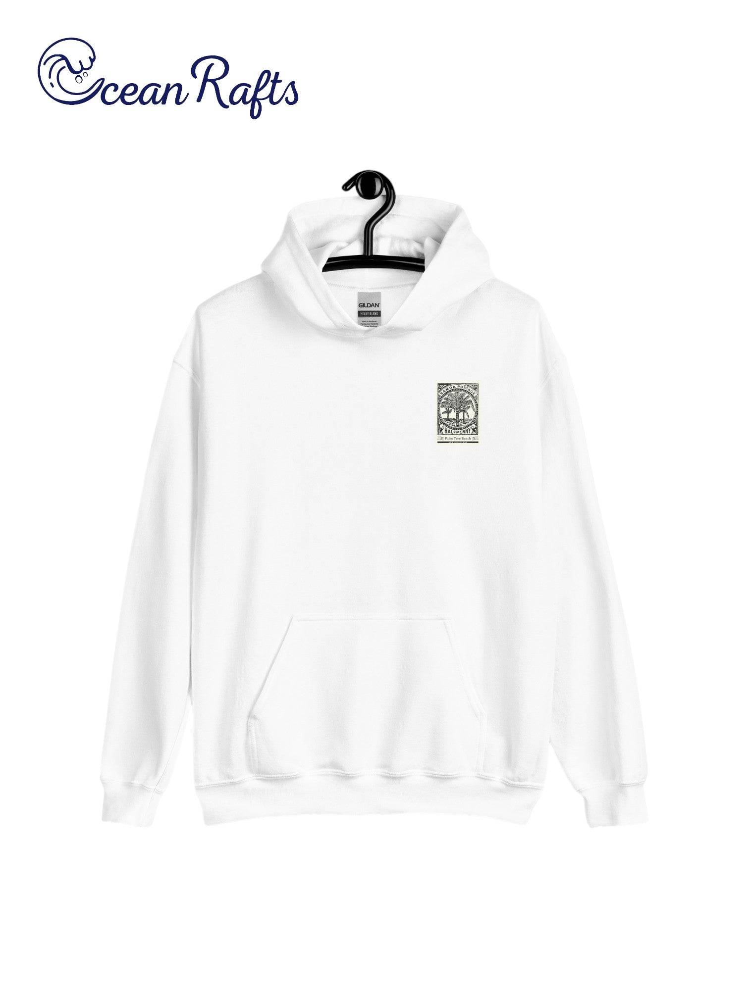 Palm Tree Beach Hoodie - Ocean Rafts - AU & NZ - white hoodie postage stamp-style beach graphic