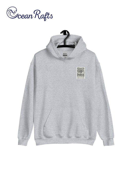 Palm Tree Beach Hoodie - Ocean Rafts - AU & NZ - grey hoodie postage stamp-style beach graphic