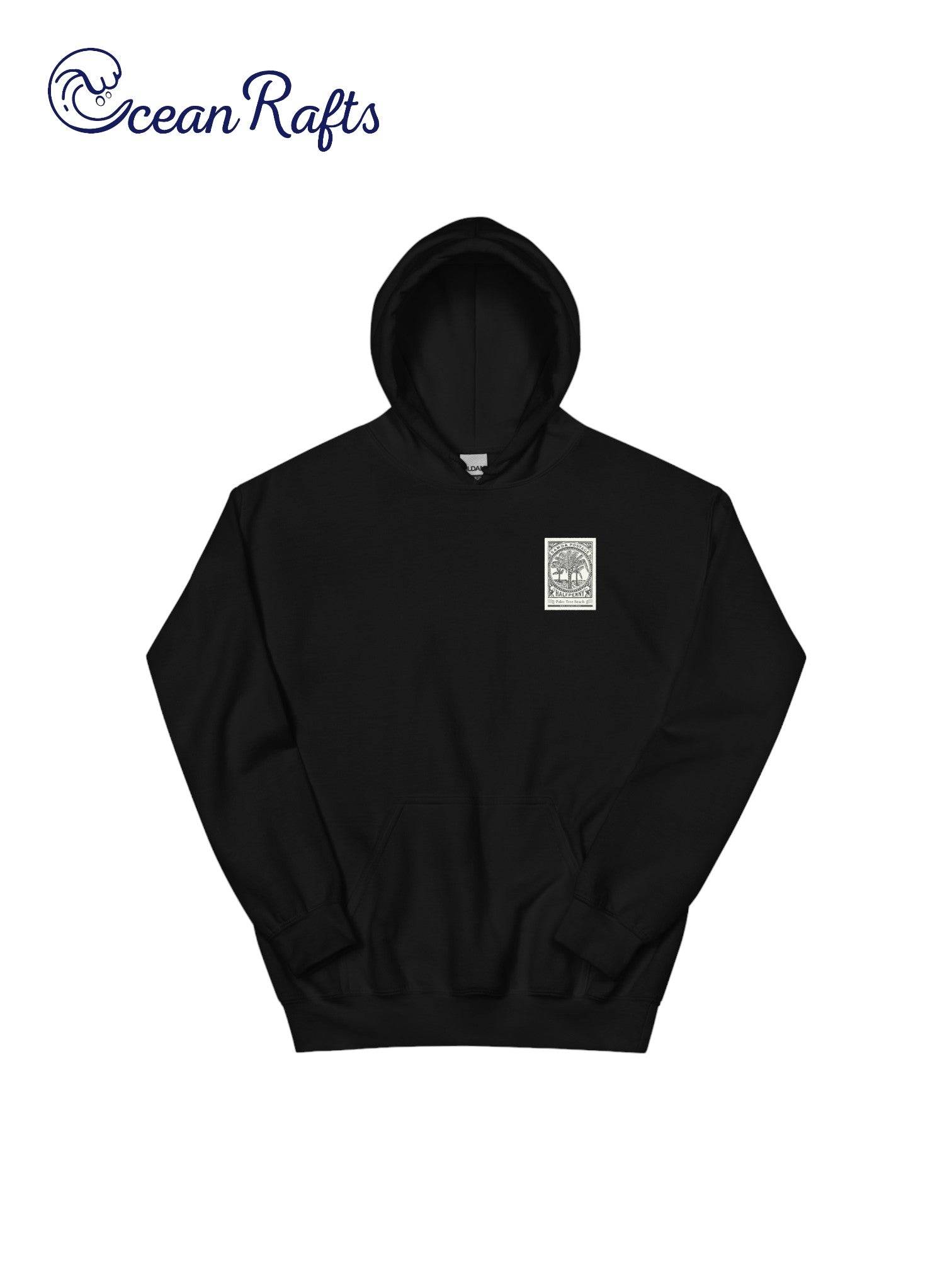 Palm Tree Beach Hoodie - Ocean Rafts - AU & NZ - folded black hoodie postage stamp-style beach graphic