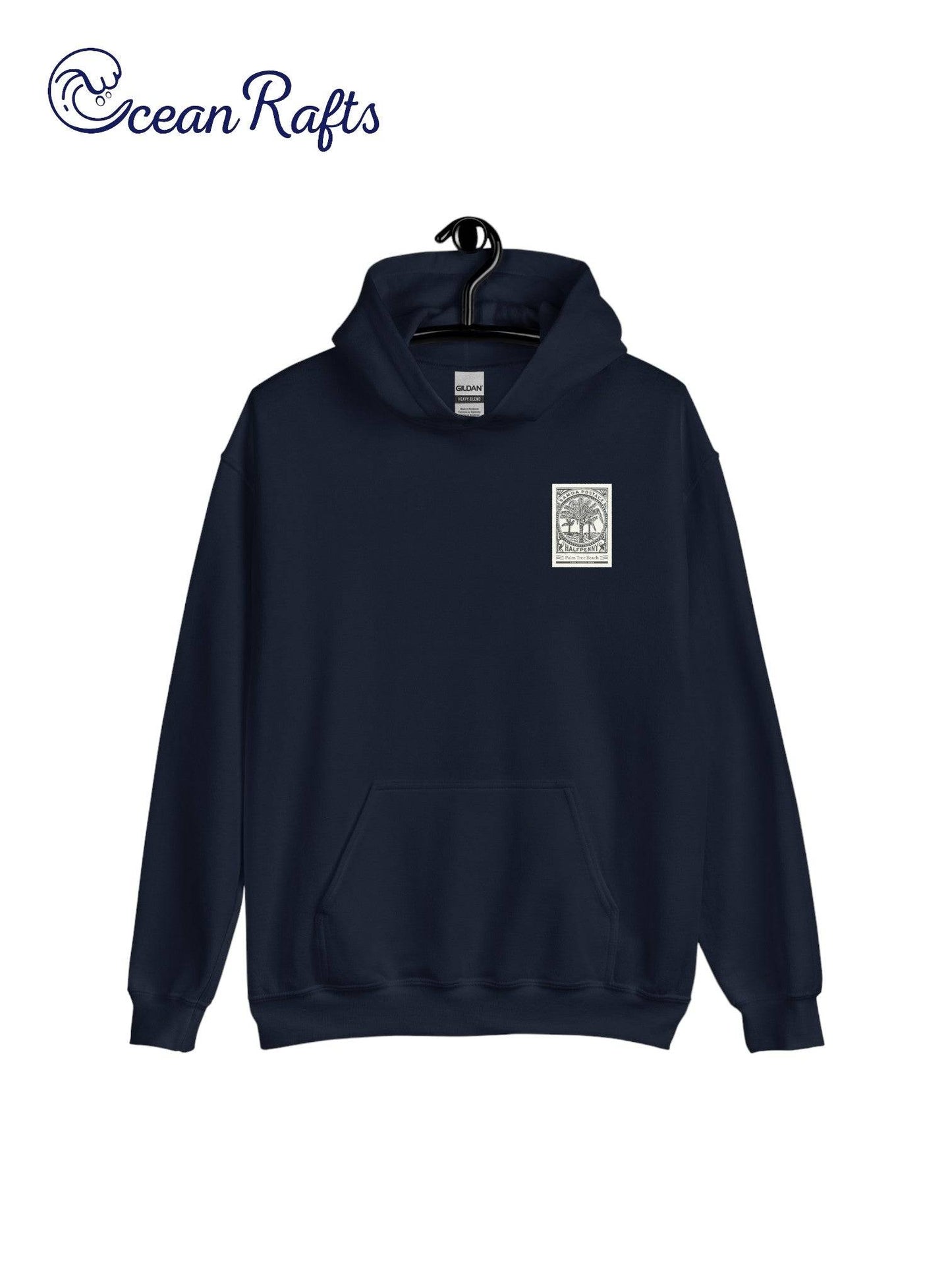 Palm Tree Beach Hoodie - Ocean Rafts - AU & NZ - navy blue hoodie postage stamp-style beach graphic