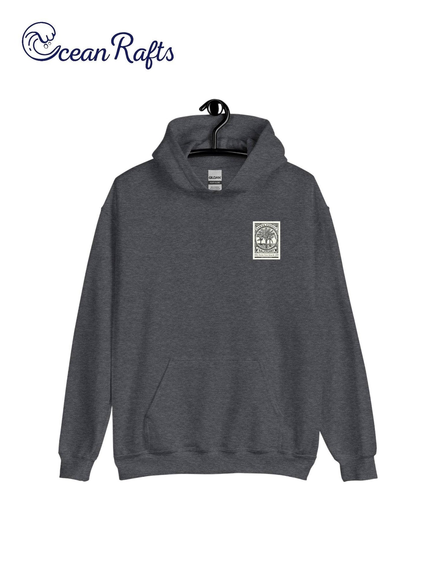 Palm Tree Beach Hoodie - Ocean Rafts - AU & NZ - heather grey hoodie postage stamp-style beach graphic