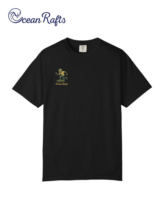 Rattle and Roll T-Shirt - Ocean Rafts - Black T-shirt with yellow and teal skeleton skateboarding
