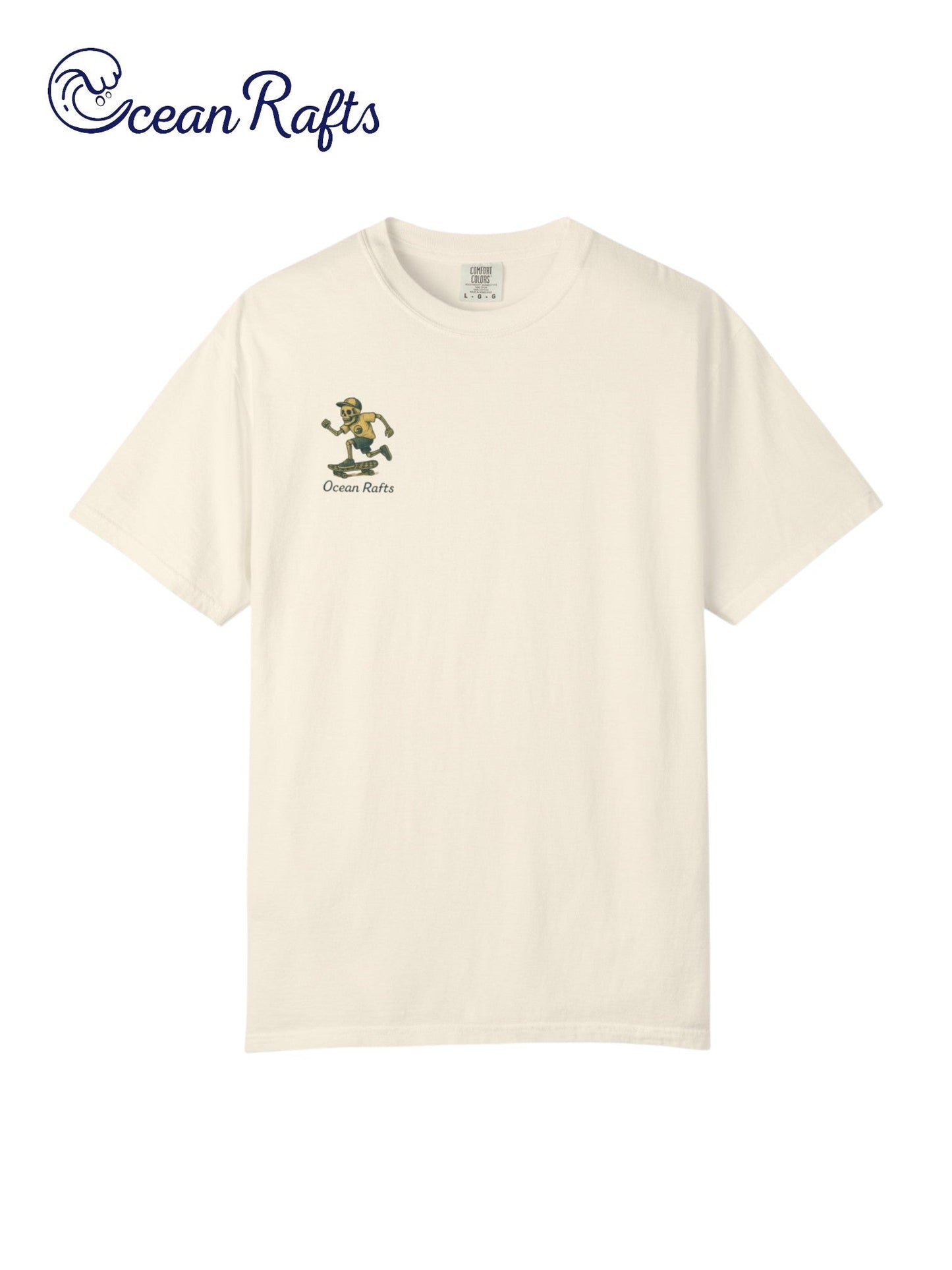 Rattle and Roll Shirt - Ocean Rafts - Beige T-shirt with yellow and teal skeleton skateboarding