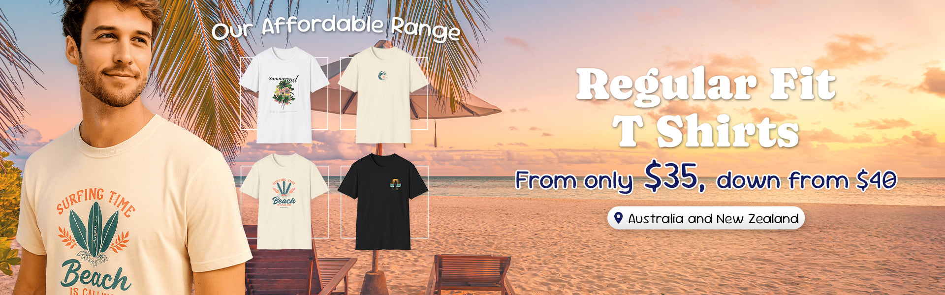 Ocean Rafts Regular Fit T-Shirts Ad Banner. Showcases shirts with beach backdrop from only $35 AU & NZ.
