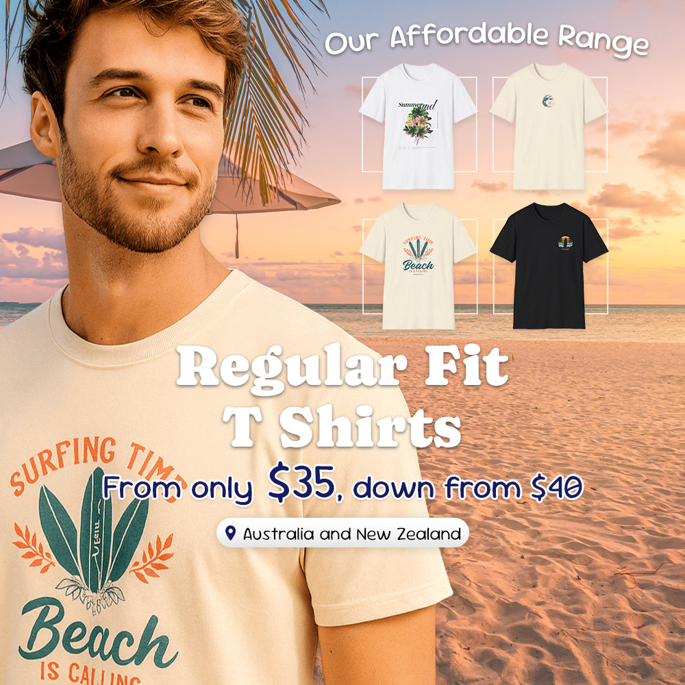 Ocean Rafts Regular Fit T-Shirts Ad Banner. Showcases shirts with beach backdrop from only $35 AU & NZ.