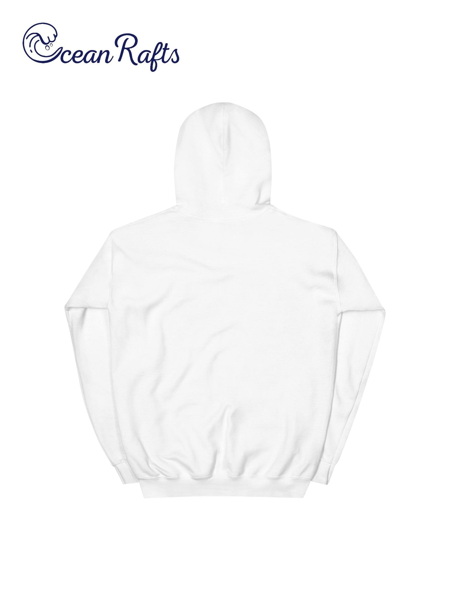 Riding Waves Down Under Hoodie - Ocean Rafts - AU & NZ - back of folded white hoodie with surfer silhouette on a wave graphic