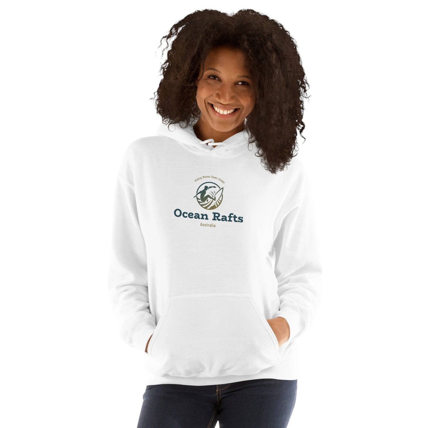 Riding Waves Down Under Hoodie - Ocean Rafts - AU & NZ - women wearing white hoodie with surfer silhouette on a wave graphic