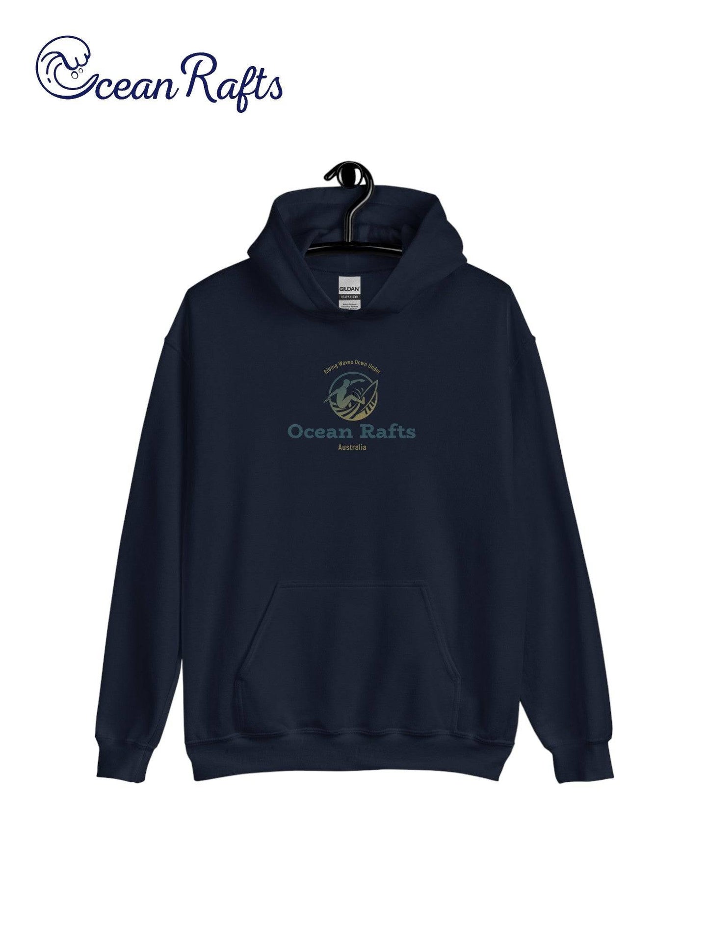 Riding Waves Down Under Hoodie - Ocean Rafts - AU & NZ - navy blue hoodie with surfer silhouette on a wave graphic