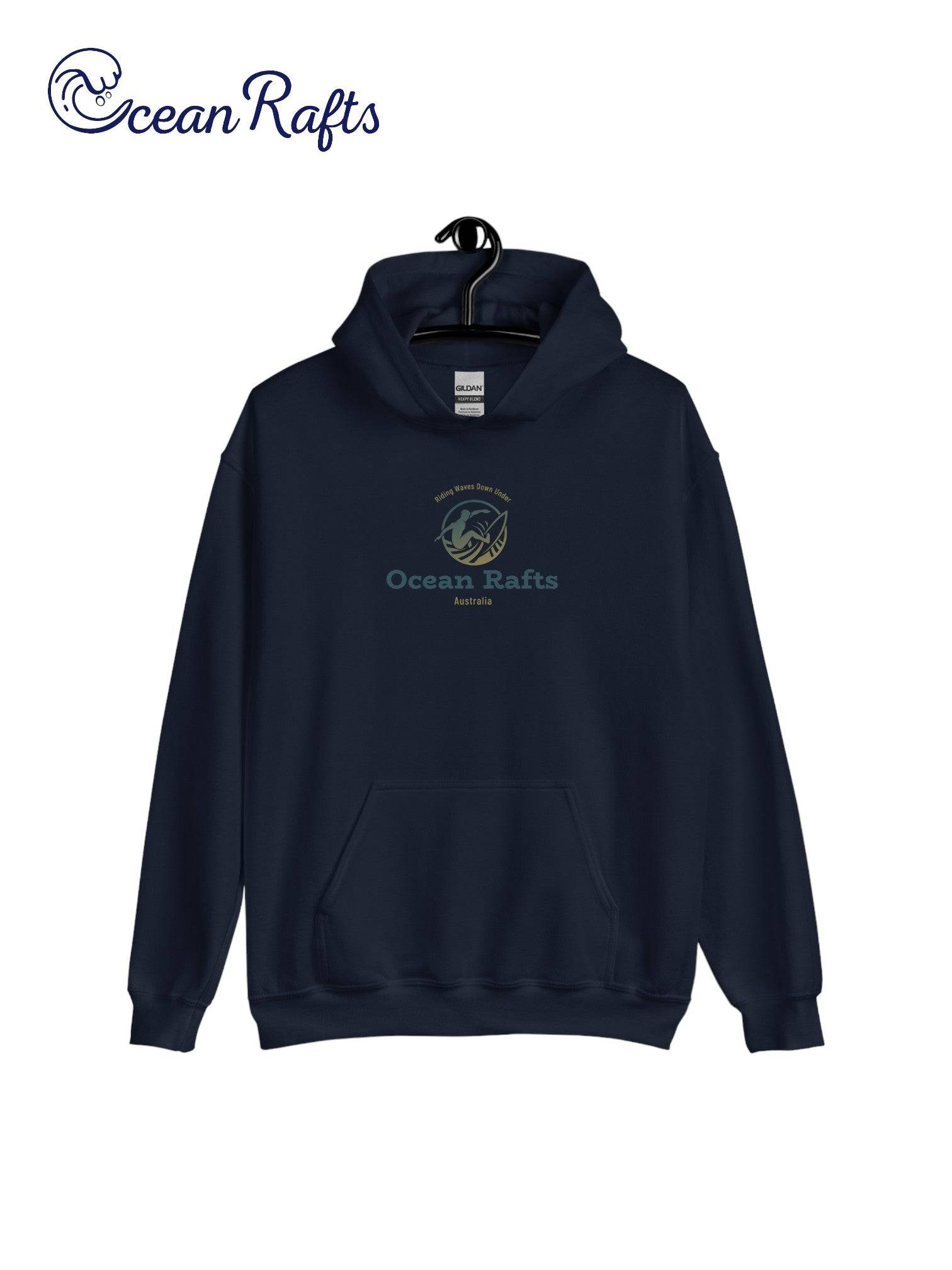 Riding Waves Down Under Hoodie - Ocean Rafts - AU & NZ - navy blue hoodie with surfer silhouette on a wave graphic
