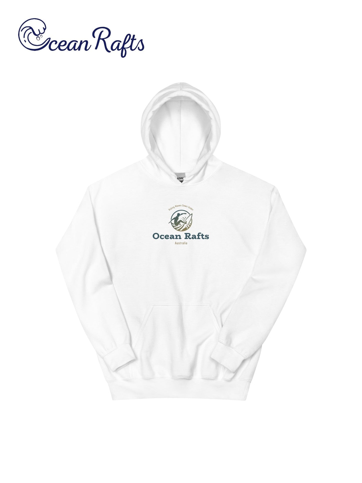Riding Waves Down Under Hoodie - Ocean Rafts - AU & NZ - folded white hoodie with surfer silhouette on a wave graphic