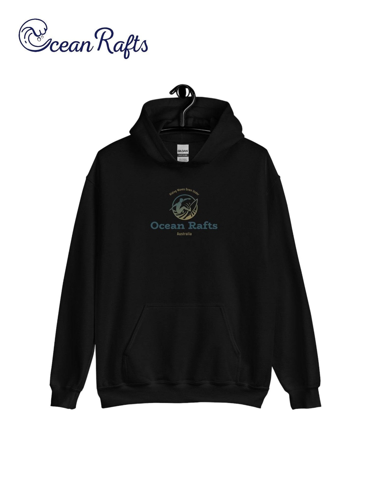 Riding Waves Down Under Hoodie - Ocean Rafts - AU & NZ - black hoodie with surfer silhouette on a wave graphic