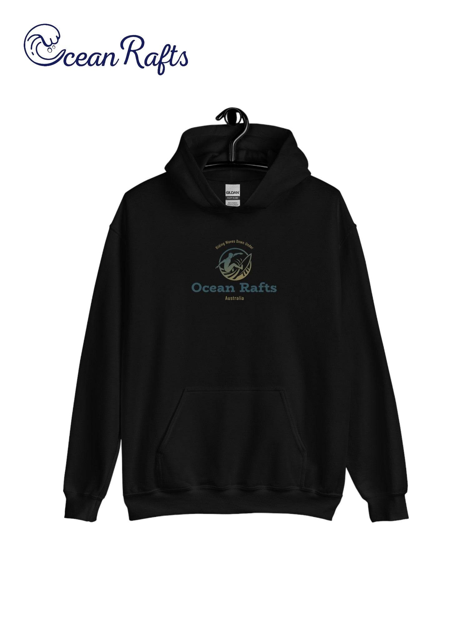 Riding Waves Down Under Hoodie - Ocean Rafts - AU & NZ - black hoodie with surfer silhouette on a wave graphic