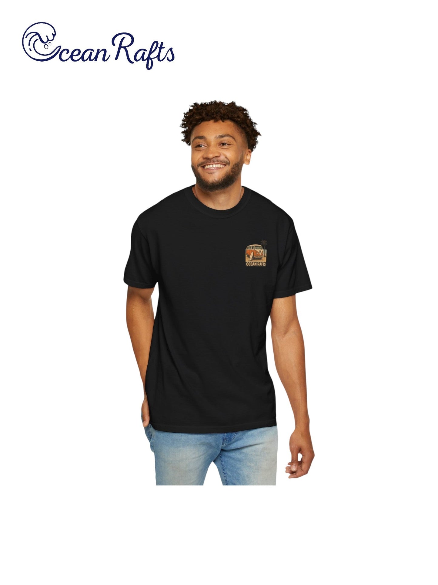 Salt and Wheels Shirt - Ocean Rafts- AU & NZ - man wearing tee with combi van and beach graphic