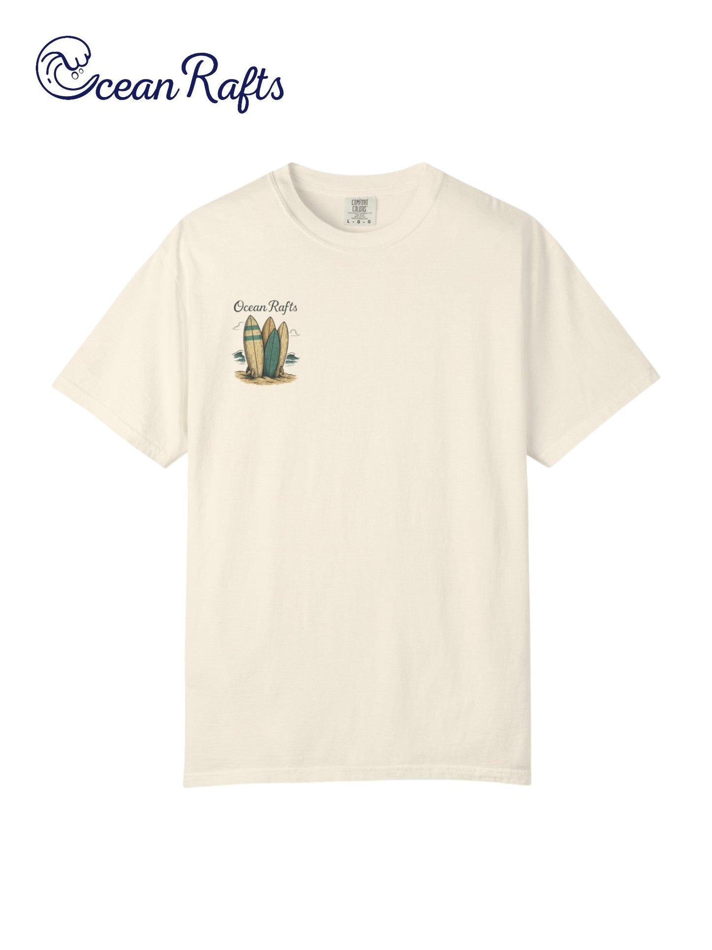 Sandy Quiver Shirt - Ocean Rafts - Beige Tee with three upright surfboards placed in sand graphic