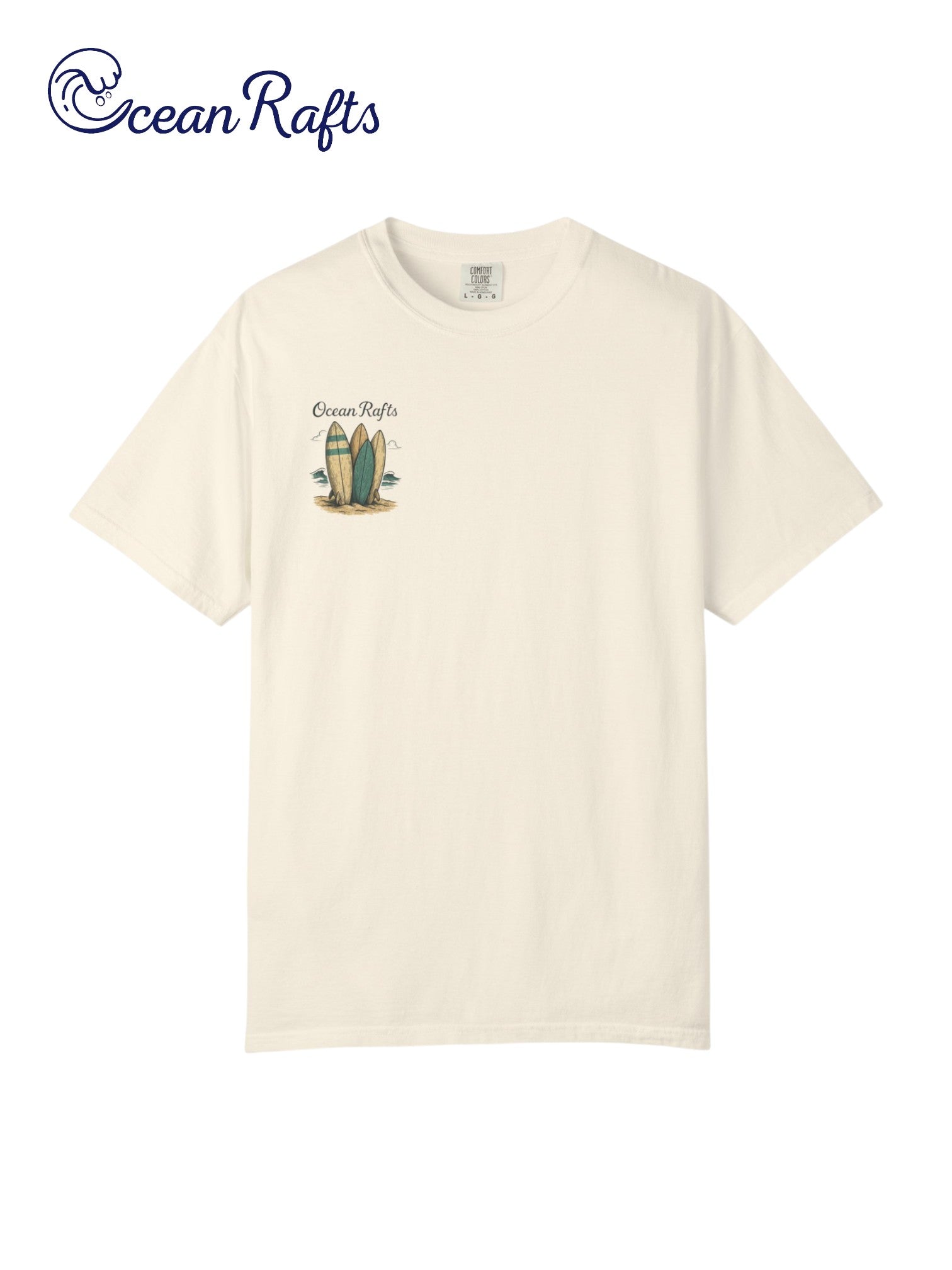 Sandy Quiver Shirt - Ocean Rafts - Beige Tee with three upright surfboards placed in sand graphic