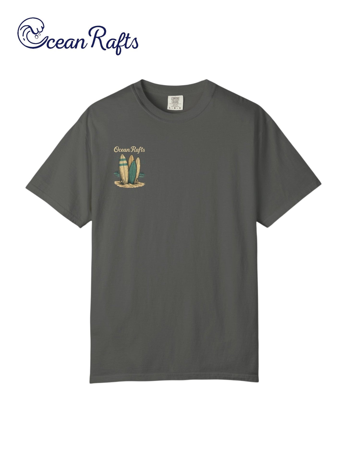 Sandy Quiver Shirt - Ocean Rafts - Grey Tee with three upright surfboards placed in sand graphic