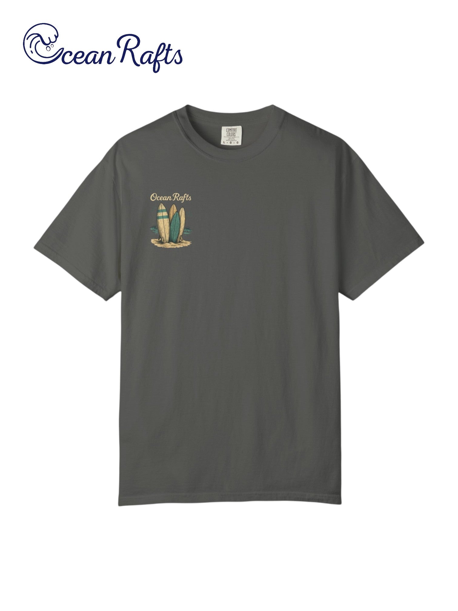 Sandy Quiver Shirt - Ocean Rafts - Grey Tee with three upright surfboards placed in sand graphic