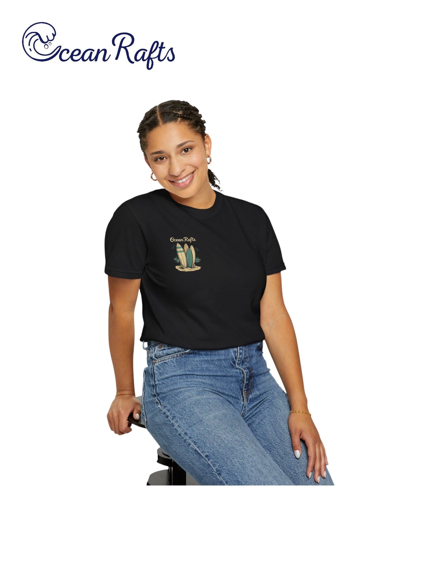 Sandy Quiver Shirt - Ocean Rafts - women wearing Tee with three upright surfboards placed in sand graphic