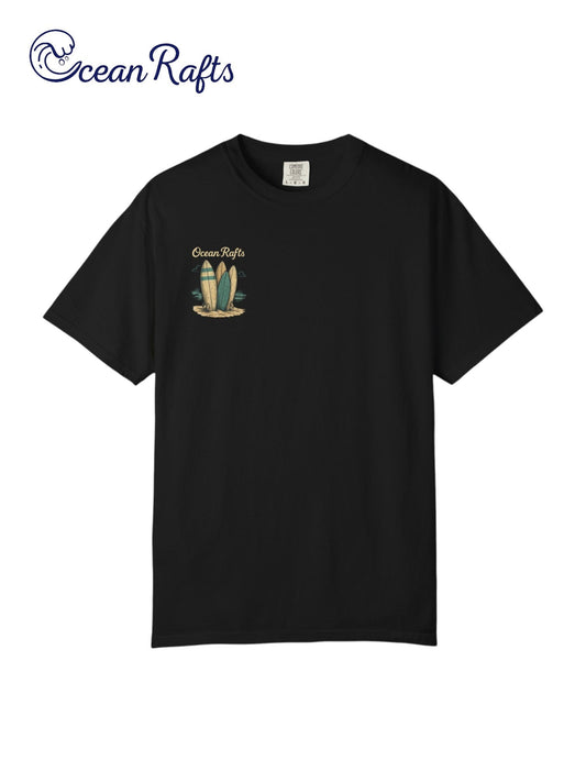 Sandy Quiver Shirt - Ocean Rafts - Black Tee with three upright surfboards placed in sand graphic