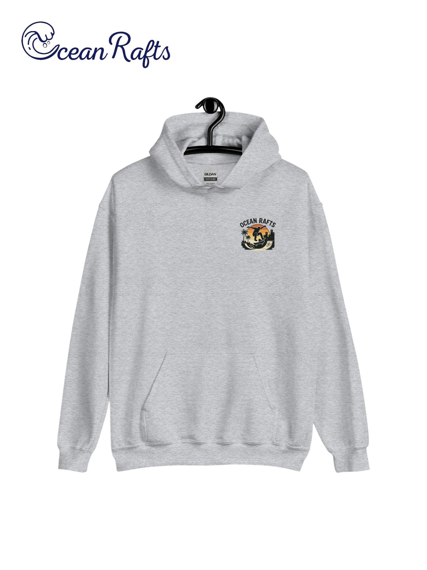 Streetline Skater Hoodie - Ocean Rafts - AU & NZ - grey hoodie with silhouette of skateboarder against sunset graphic