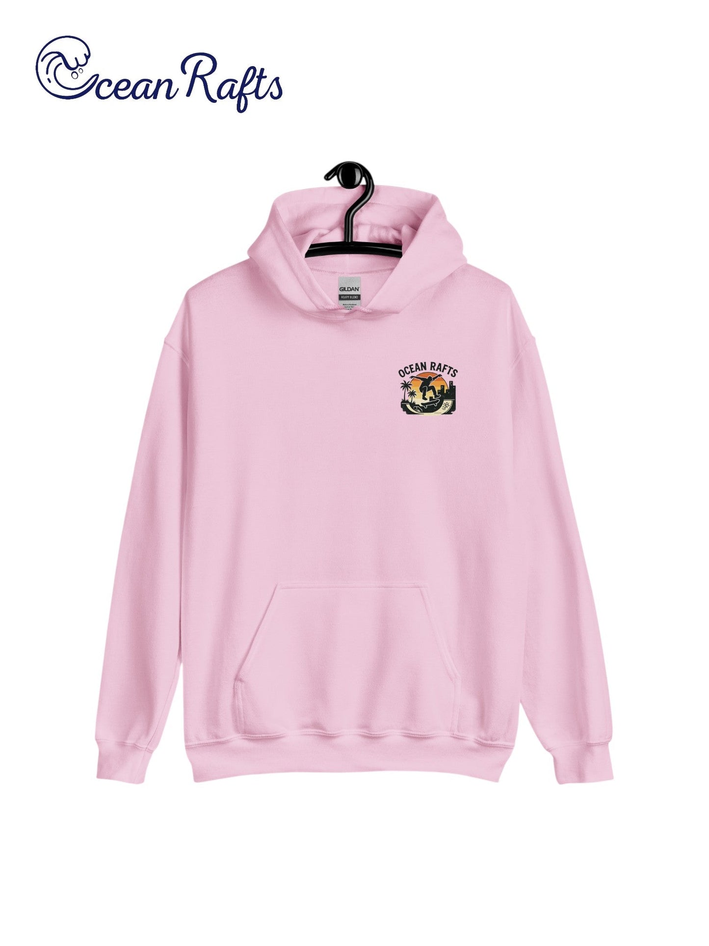 Streetline Skater Hoodie - Ocean Rafts - AU & NZ - pink hoodie with silhouette of skateboarder against sunset graphic