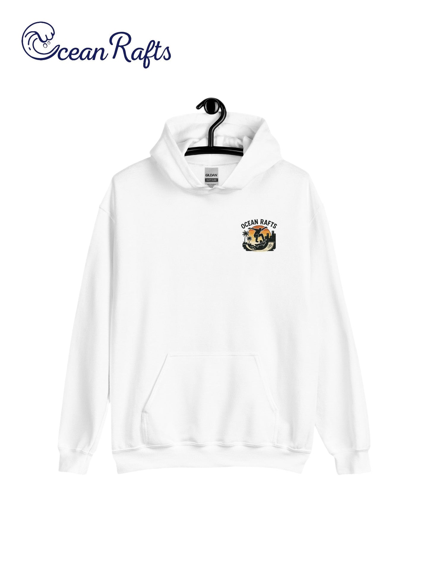 Streetline Skater Hoodie - Ocean Rafts - AU & NZ - white hoodie with silhouette of skateboarder against sunset graphic