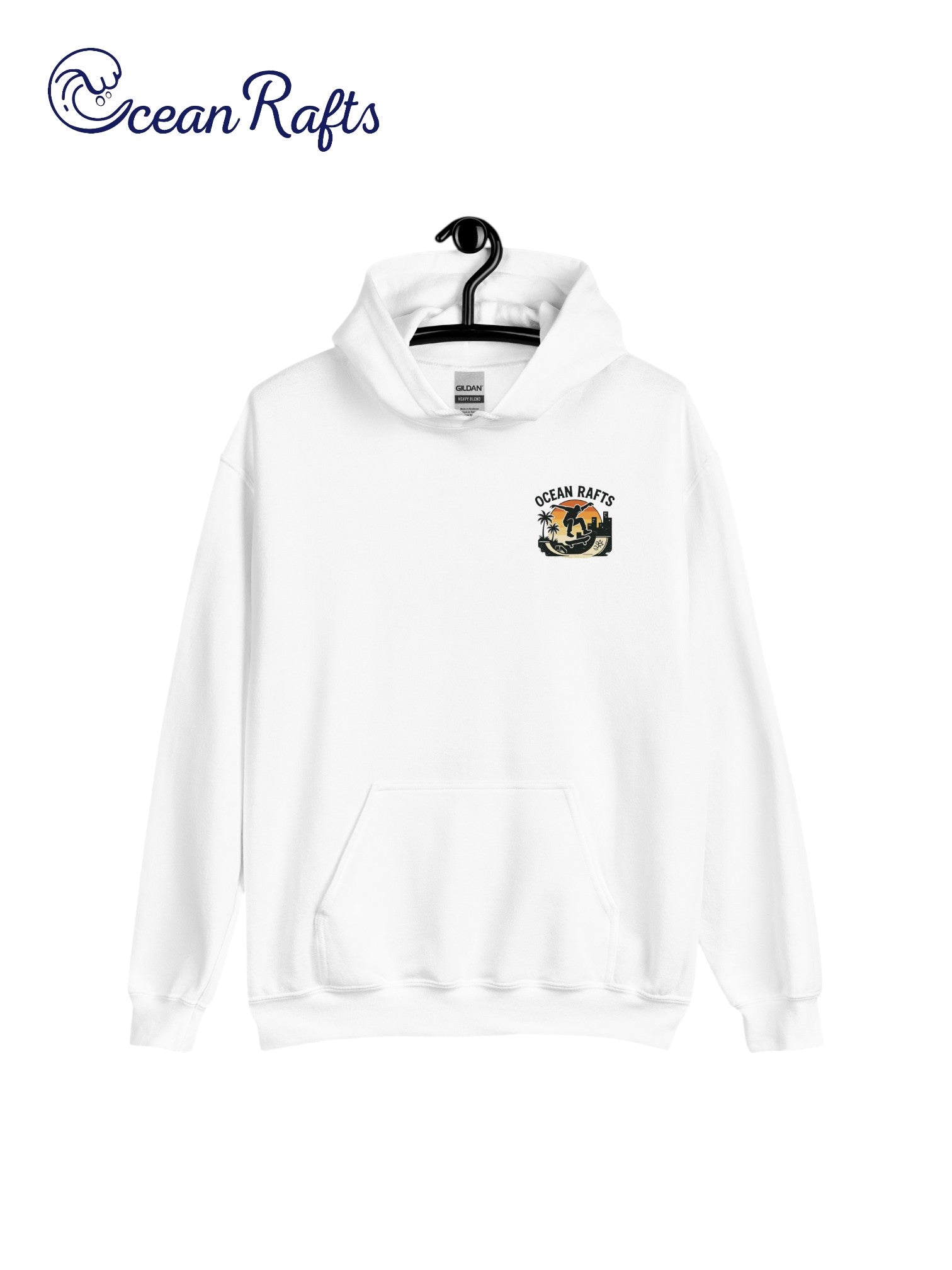 Streetline Skater Hoodie - Ocean Rafts - AU & NZ - white hoodie with silhouette of skateboarder against sunset graphic
