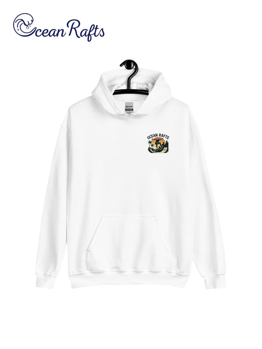 Streetline Skater Hoodie - Ocean Rafts - AU & NZ - white hoodie with silhouette of skateboarder against sunset graphic