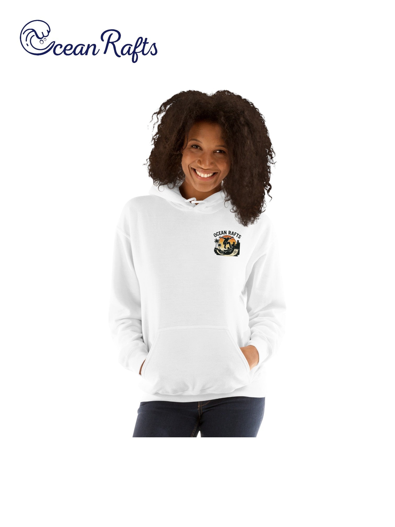 Streetline Skater Hoodie - Ocean Rafts - AU & NZ- women wearing hoodie with silhouette of skateboarder against sunset graphic