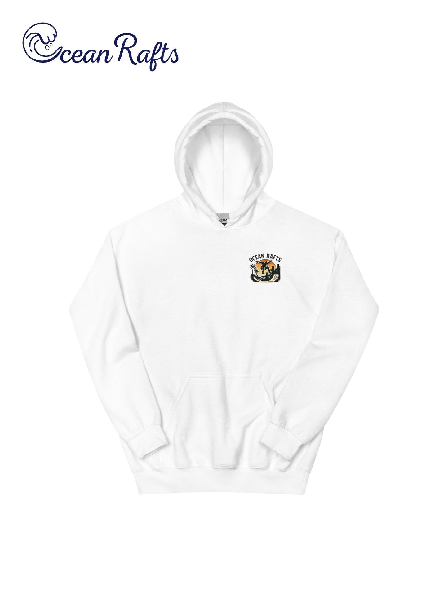Streetline Skater Hoodie - Ocean Rafts - AU & NZ - white hoodie with silhouette of skateboarder against sunset graphic