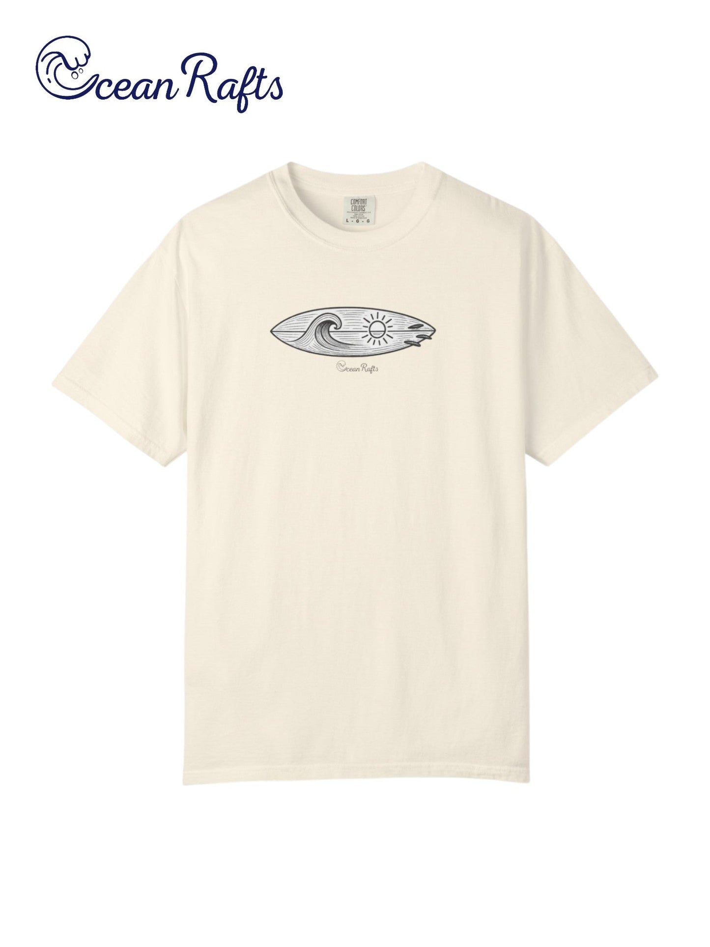 Sun and Swell Shirt - Ocean Rafts - AU & NZ - beige tee with linear surfboard with waves and sun inside graphic