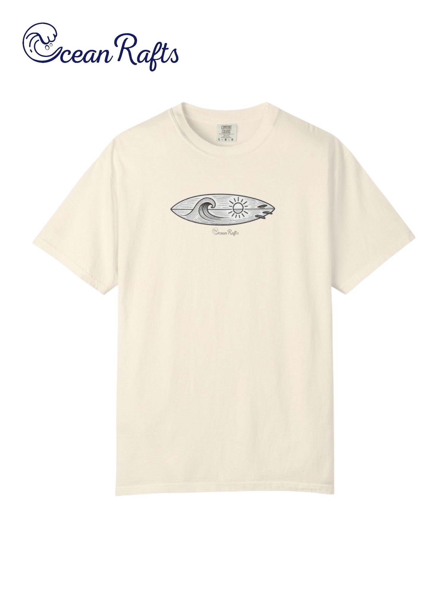 Sun and Swell Shirt - Ocean Rafts - AU & NZ - beige tee with linear surfboard with waves and sun inside graphic
