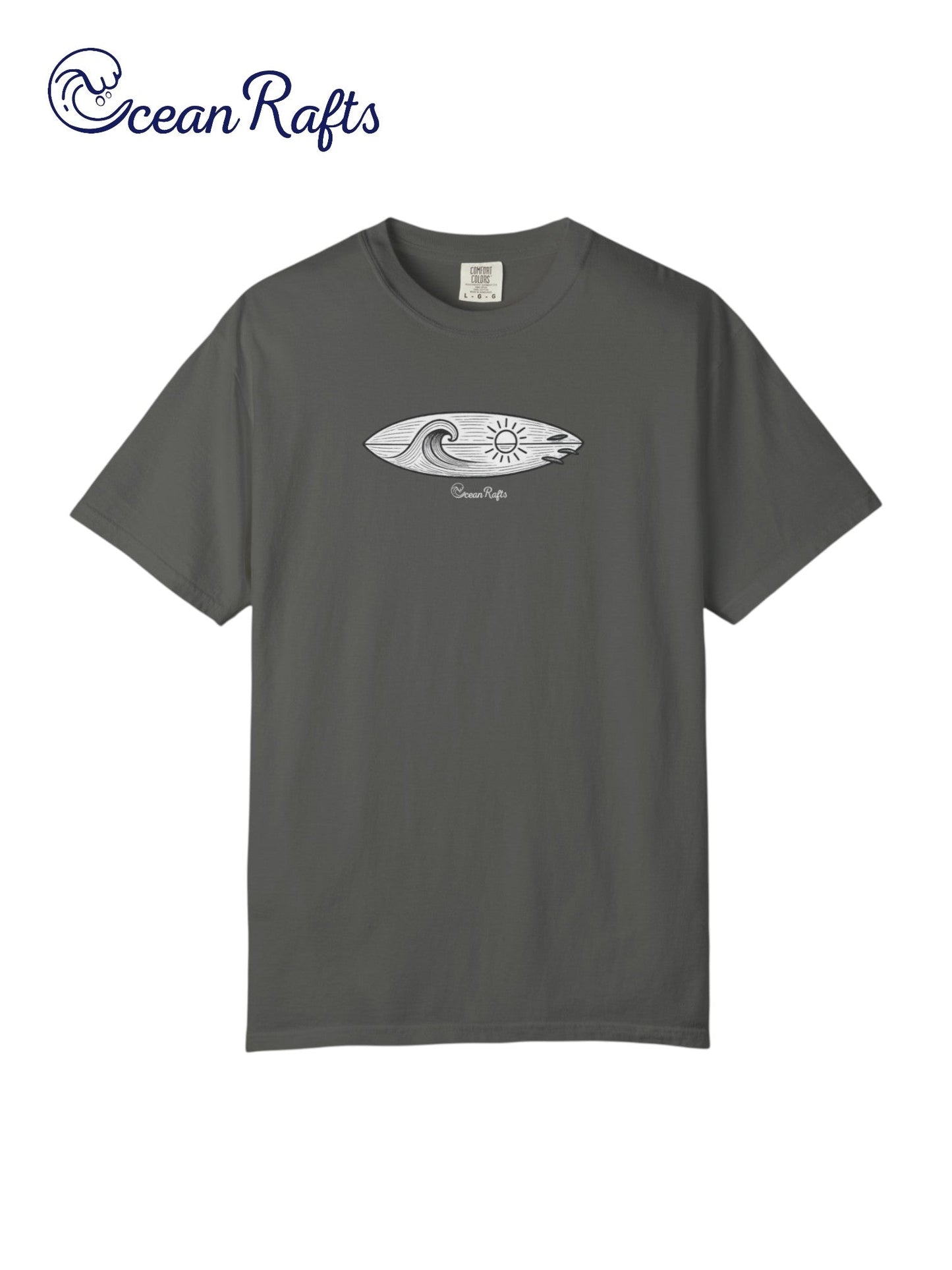 Sun and Swell Shirt - Ocean Rafts - AU & NZ - grey tee with linear surfboard with waves and sun inside graphic