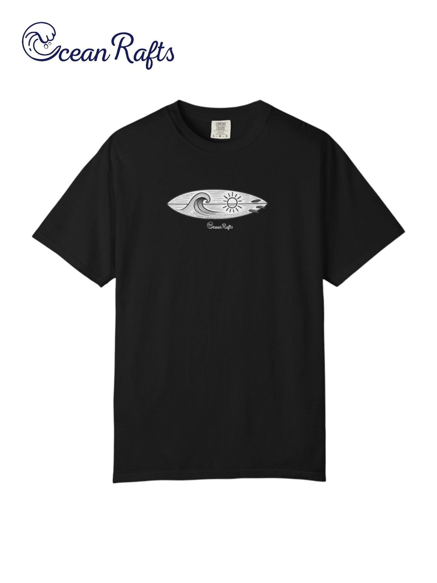 Sun and Swell Shirt - Ocean Rafts - AU & NZ - black tee with linear surfboard with waves and sun inside graphic