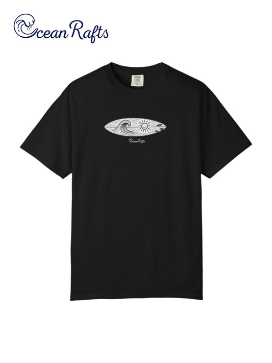 Sun and Swell Shirt - Ocean Rafts - AU & NZ - black tee with linear surfboard with waves and sun inside graphic