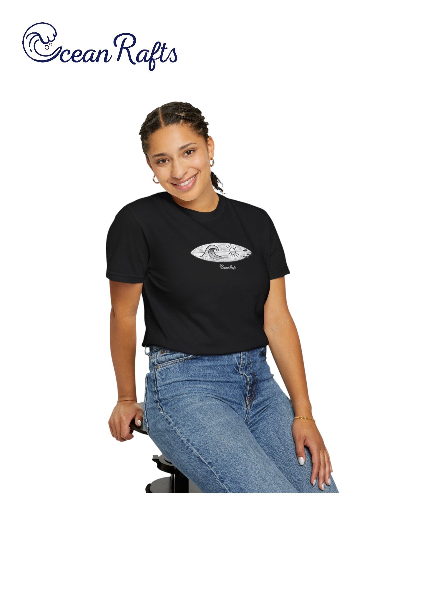 Sun and Swell Shirt - Ocean Rafts - AU & NZ - women wearing black tee with linear surfboard with waves and sun inside graphic