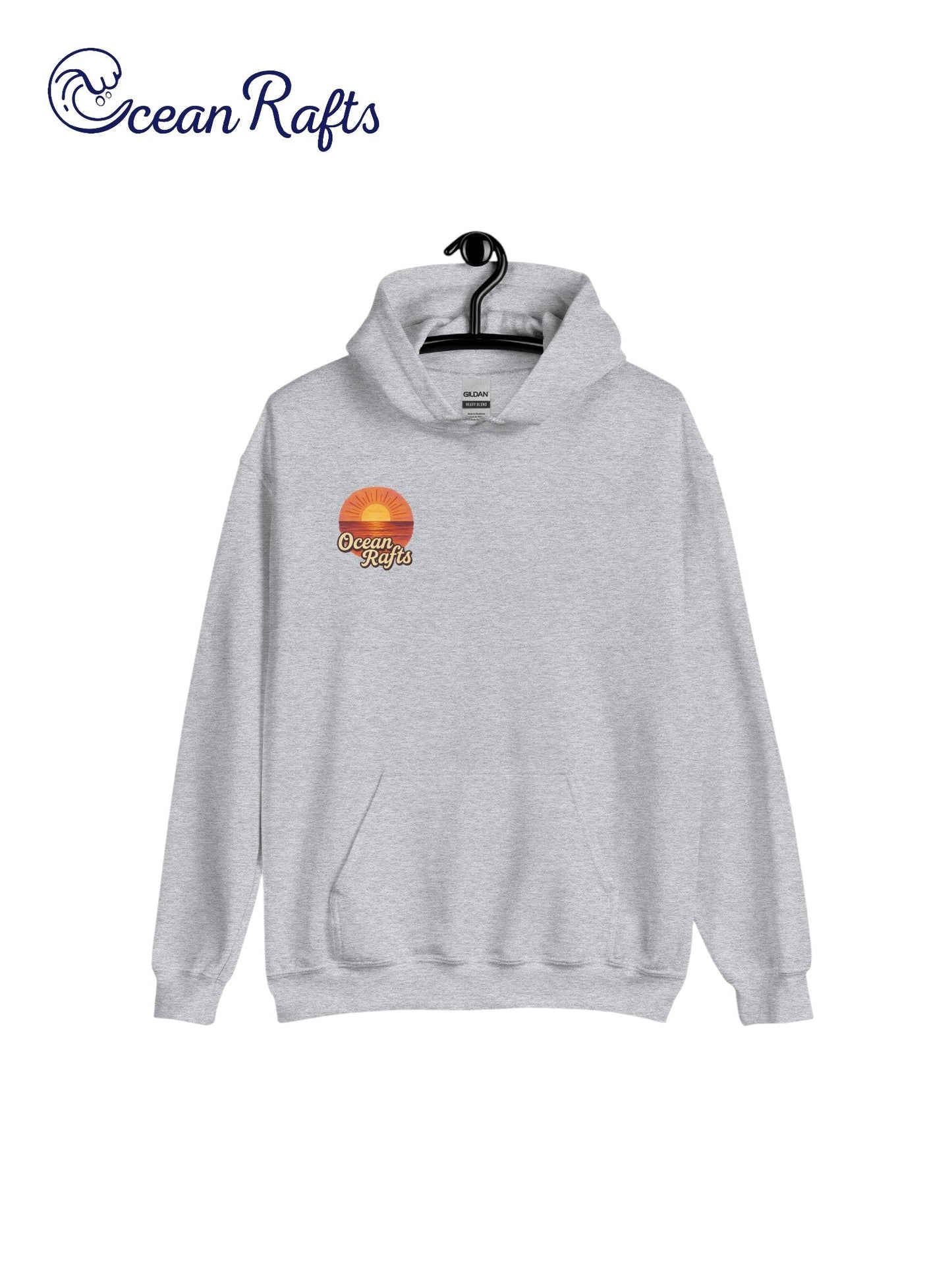 Sunrise Hoodie - Ocean Rafts - AU & NZ - grey hoodie with stylised radiating sunset over ocean graphic