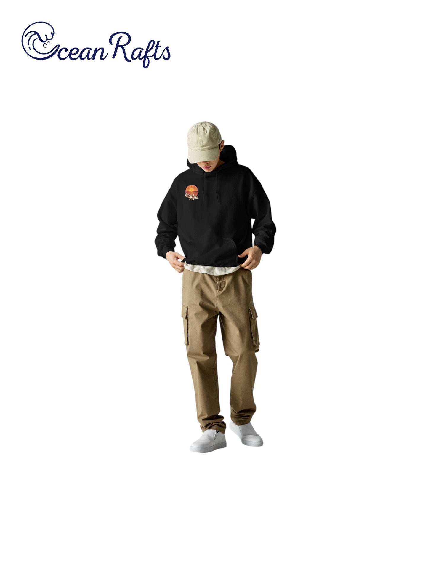 Sunrise Hoodie - Ocean Rafts - AU & NZ - man wearing black hoodie with stylised radiating sunset over ocean graphic