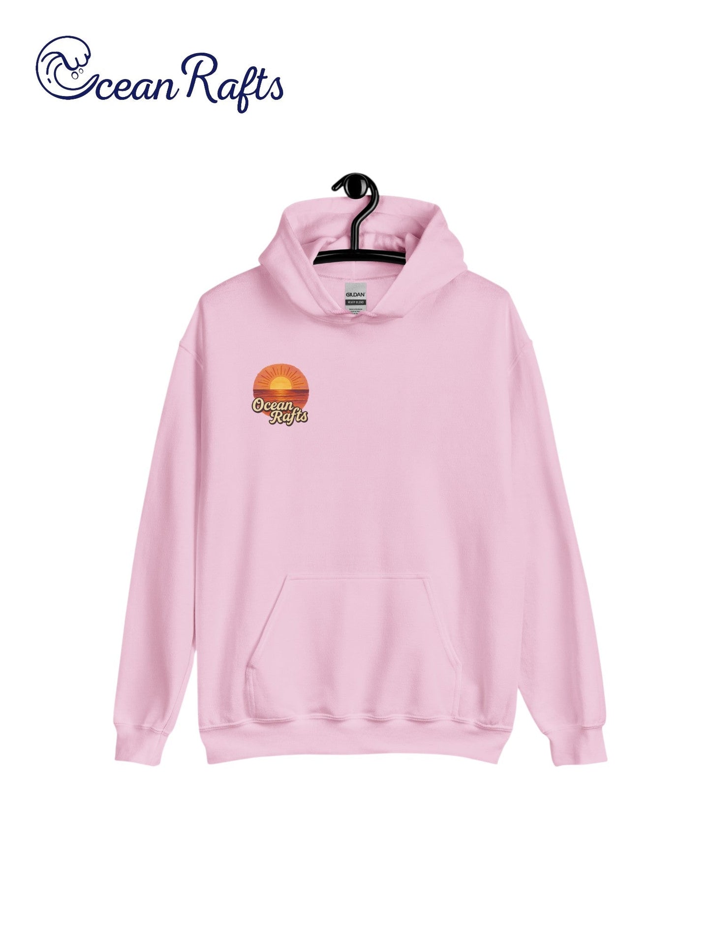 Sunrise Hoodie - Ocean Rafts - AU & NZ - pink hoodie with stylised radiating sunset over ocean graphic