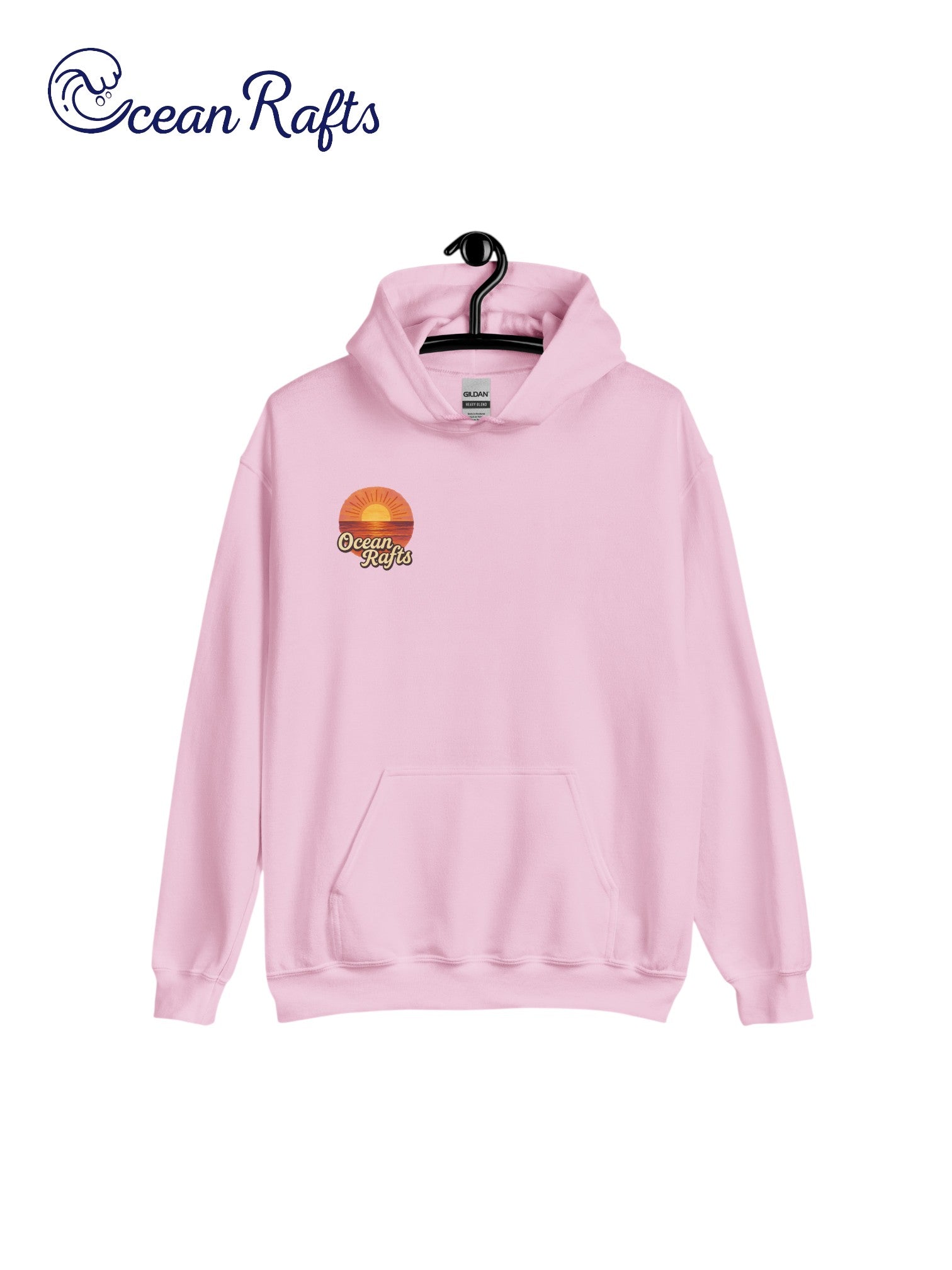 Sunrise Hoodie - Ocean Rafts - AU & NZ - pink hoodie with stylised radiating sunset over ocean graphic