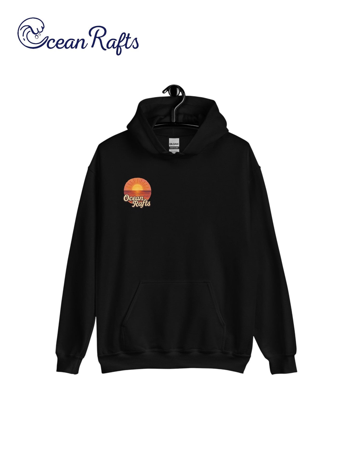 Sunrise Hoodie - Ocean Rafts - AU & NZ - front of black hoodie with stylised radiating sunset over ocean graphic