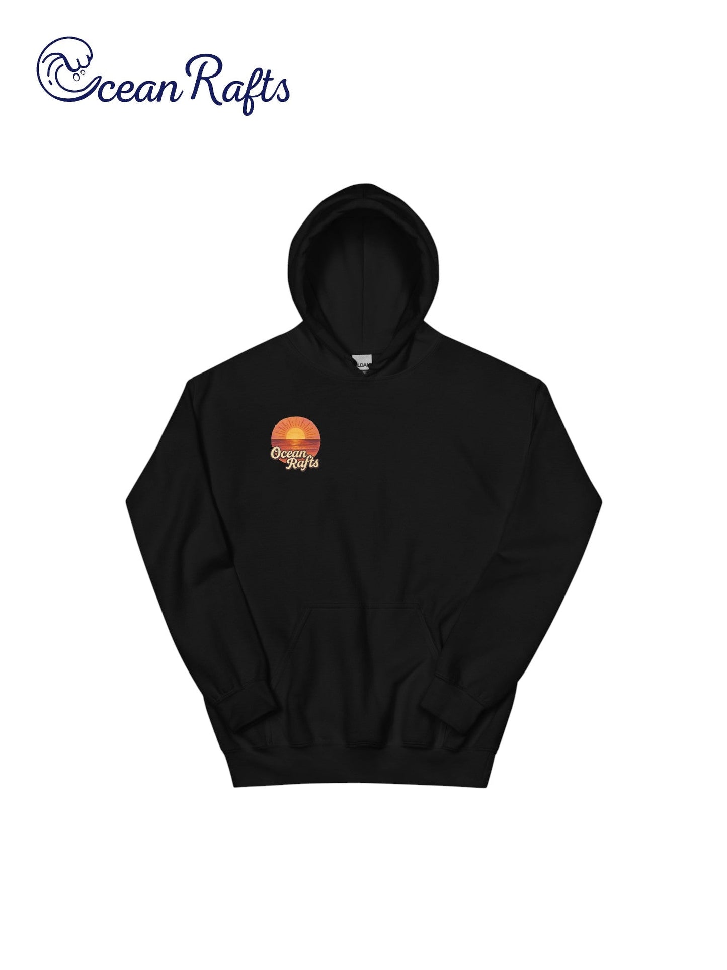 Sunrise Hoodie - Ocean Rafts - AU & NZ - black folded hoodie with stylised radiating sunset over ocean graphic