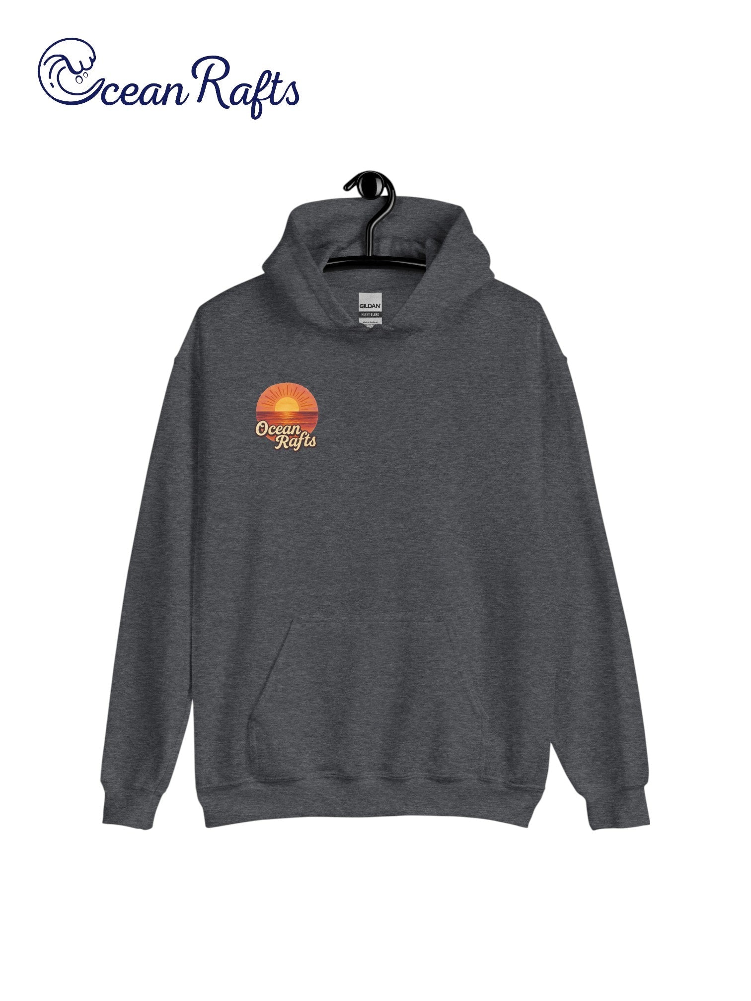 Sunrise Hoodie - Ocean Rafts - AU & NZ - heather grey hoodie with stylised radiating sunset over ocean graphic